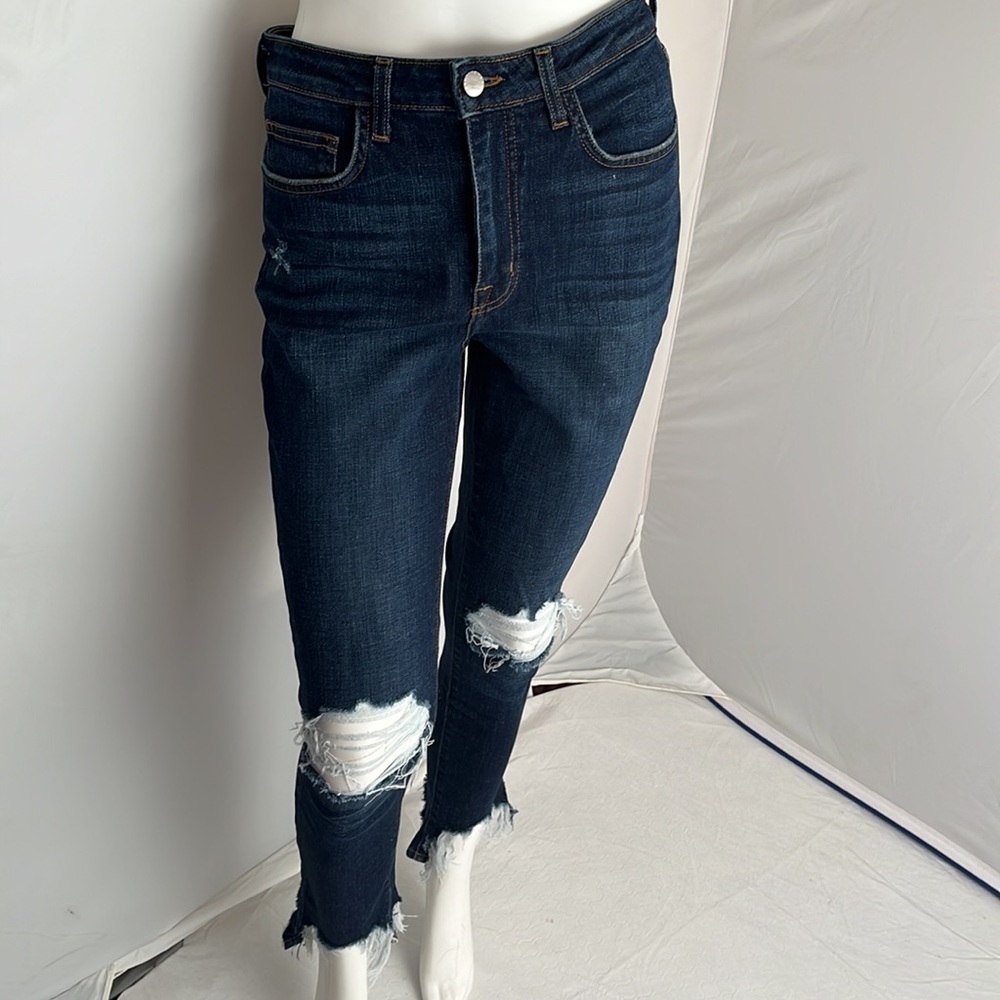L’Agence High Line destroyed skinny dark rinse blue jeans